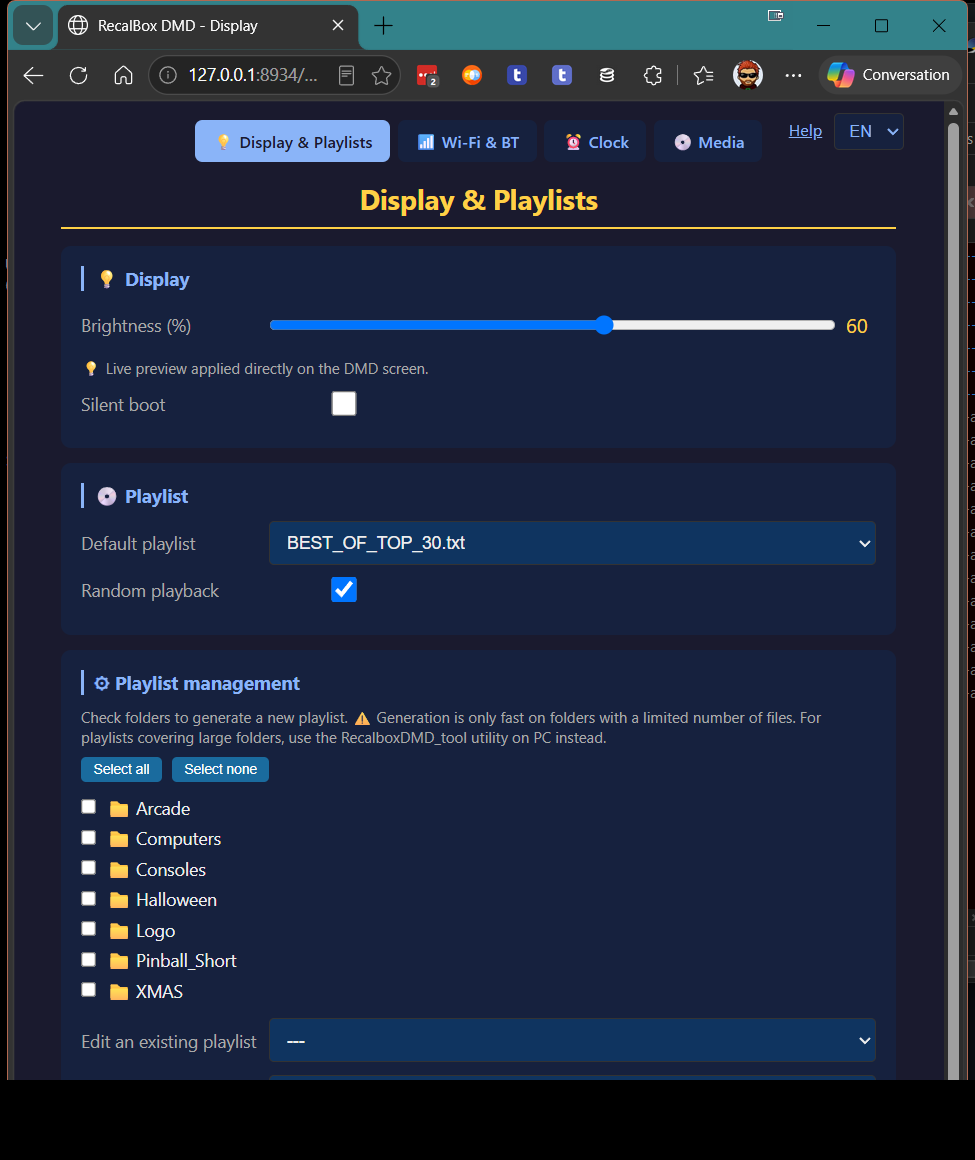Réglage de la playlist depuis la page web du panneau, sur téléphone.